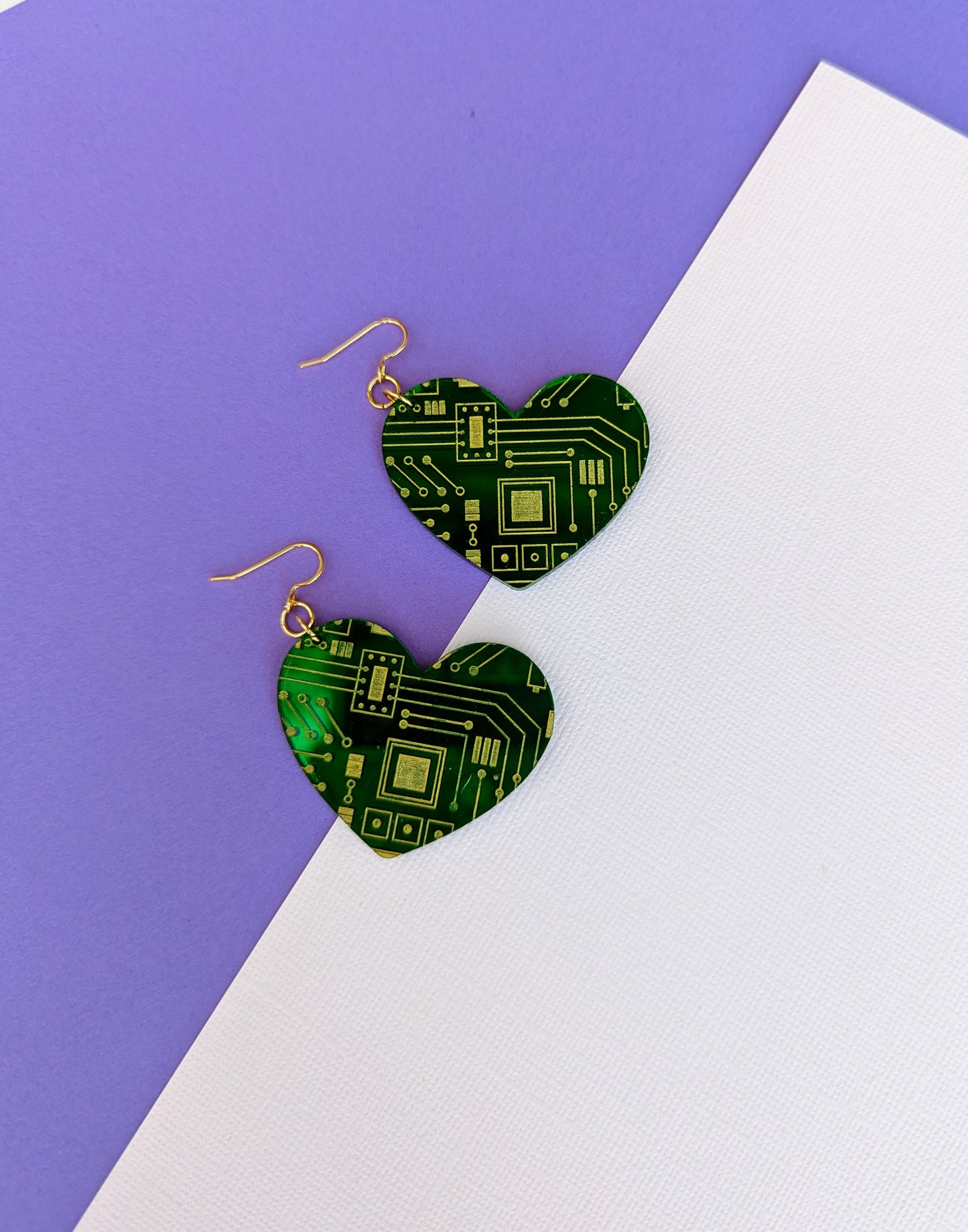 Circuit Board Heart Earring | Computer Science Gift | PCB Earrings | Tech Gift | Engineering Earrings | Metallic Green | STEM Earring