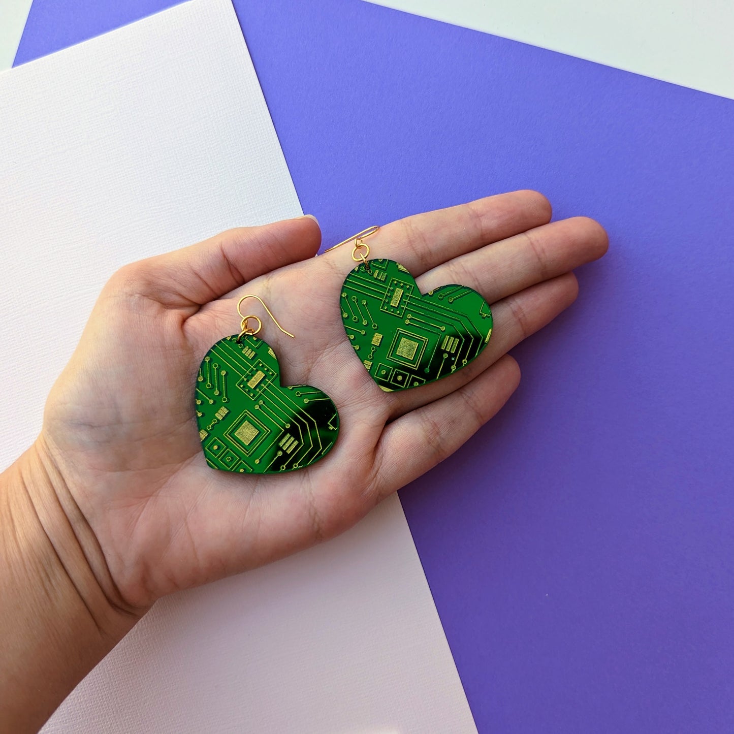 Circuit Board Heart Earring | Computer Science Gift | PCB Earrings | Tech Gift | Engineering Earrings | Metallic Green | STEM Earring